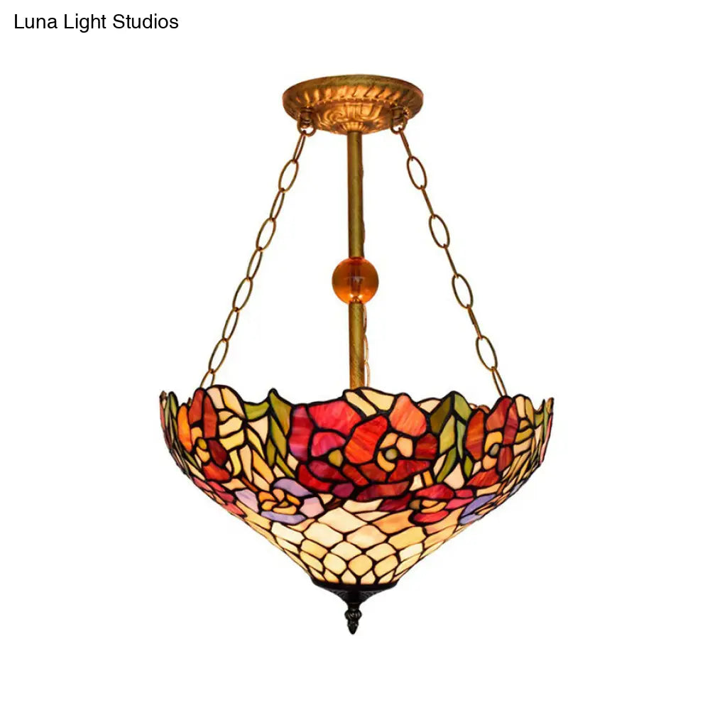 Tiffany Floral Ceiling Light With Stained Glass In Rustic Style For Cafe Brass