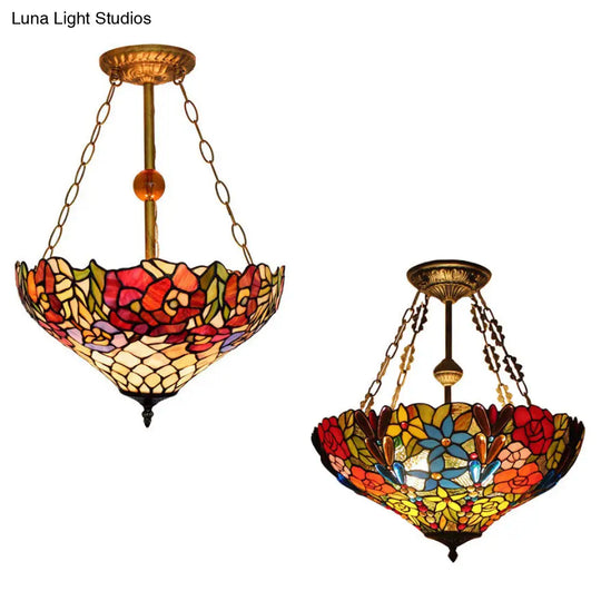 Tiffany Floral Ceiling Light With Stained Glass In Rustic Style For Cafe