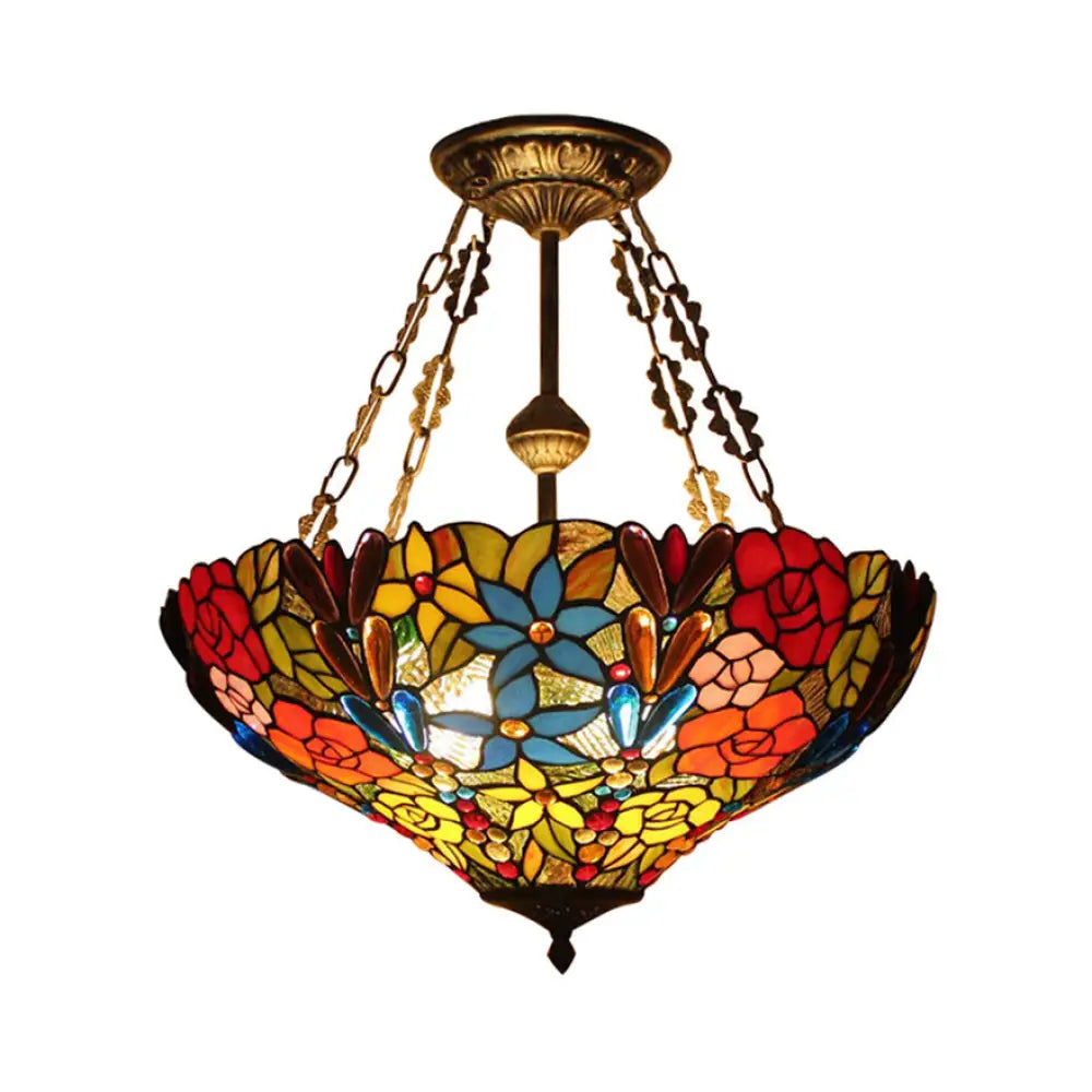 Tiffany Floral Ceiling Light With Stained Glass In Rustic Style For Cafe Antique Brass