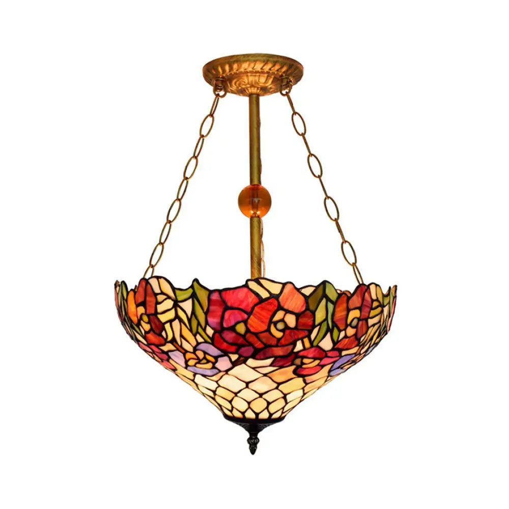 Tiffany Floral Ceiling Light With Stained Glass In Rustic Style For Cafe Brass