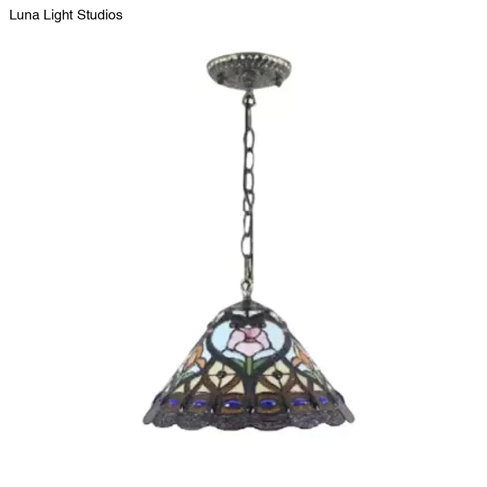 Tiffany Floral Pendant Light In Aged Brass- Adjustable Stained Glass Lamp For The Ceiling Or Dining