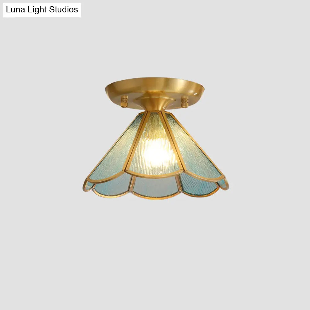 Tiffany Floral Semi-Mount 1-Light Ceiling Flush Light In Brass Perfect For Hallway Décor Blue