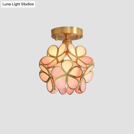 Tiffany Floral Semi-Mount 1-Light Ceiling Flush Light In Brass Perfect For Hallway Décor Pink
