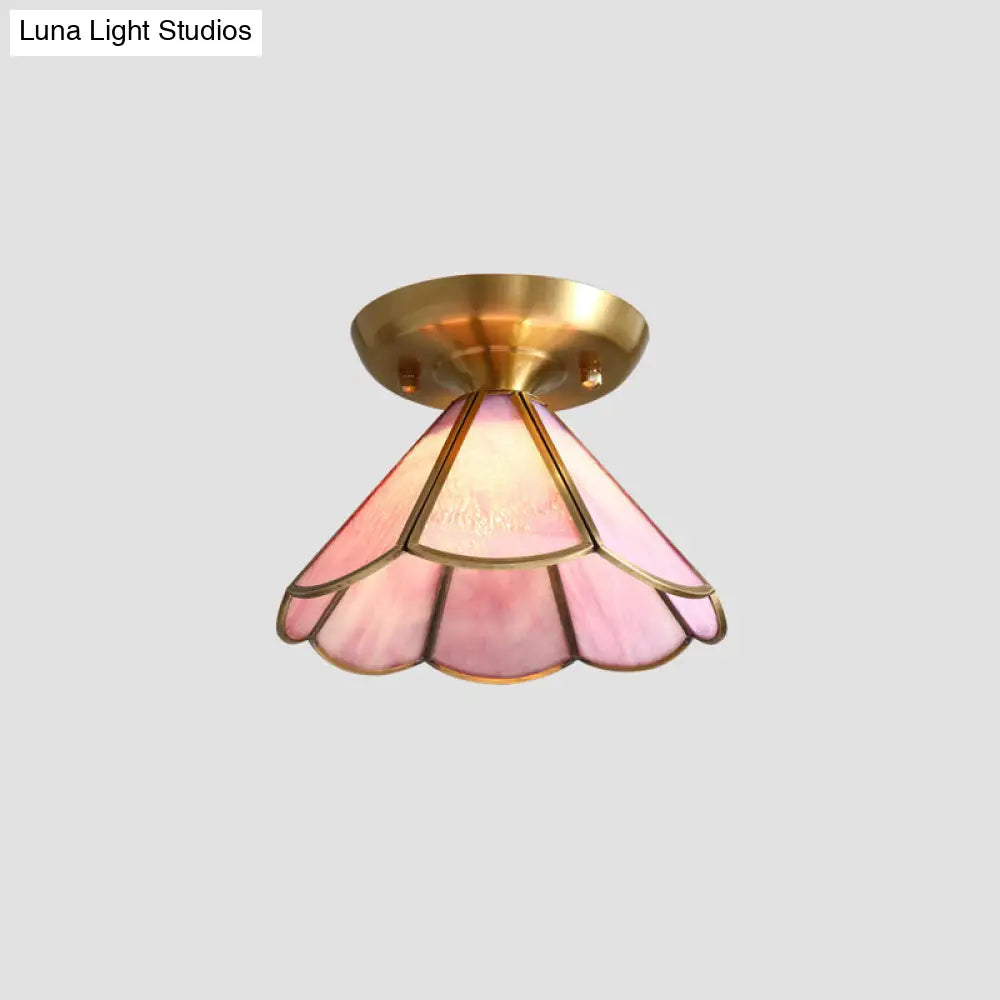 Tiffany Floral Semi-Mount 1-Light Ceiling Flush Light In Brass Perfect For Hallway Décor Peach