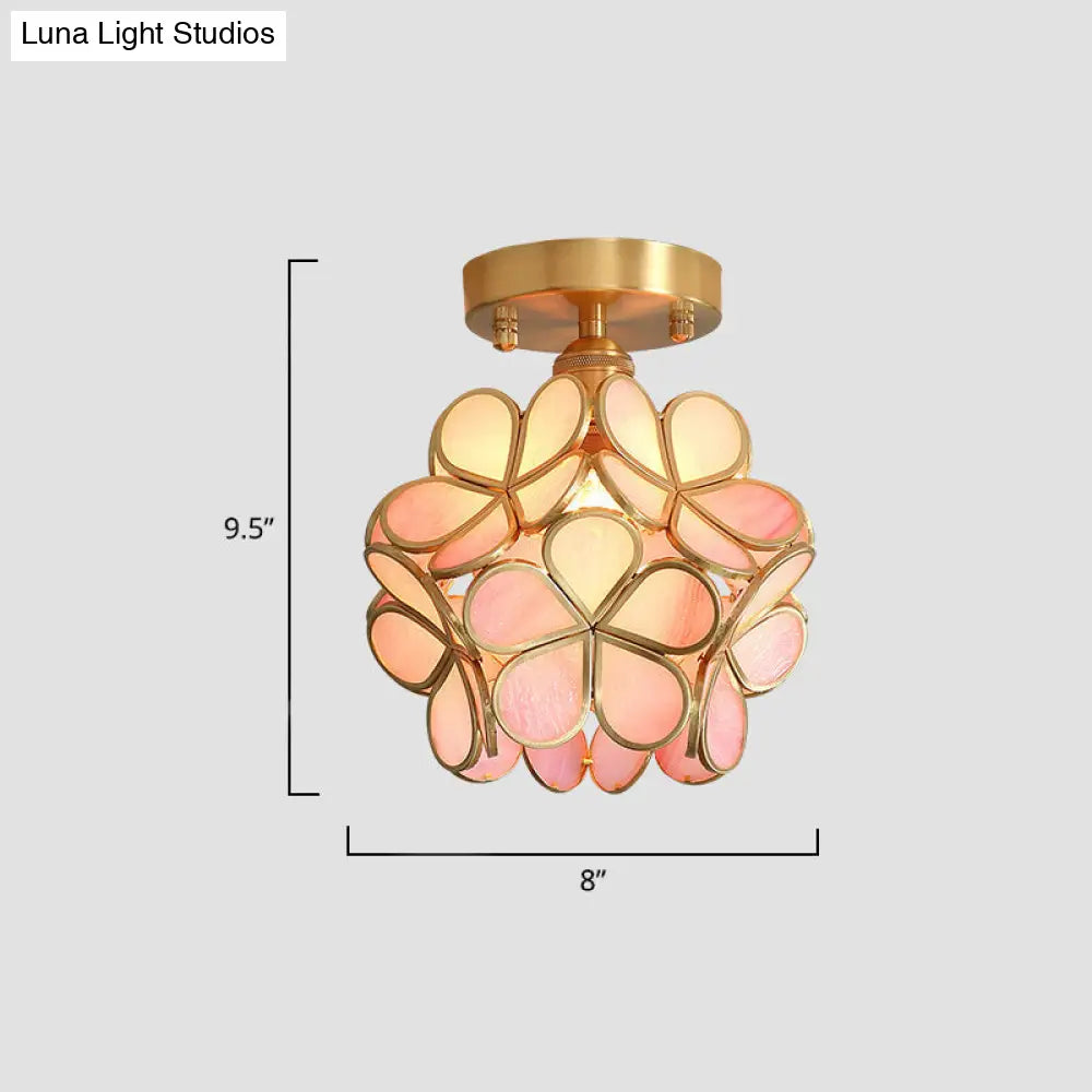Tiffany Floral Semi-Mount 1-Light Ceiling Flush Light In Brass Perfect For Hallway Décor