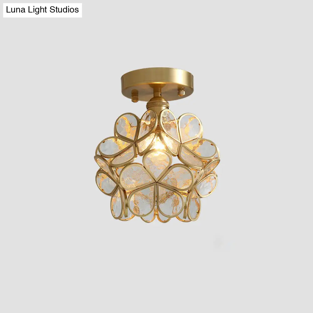 Tiffany Floral Semi-Mount 1-Light Ceiling Flush Light In Brass Perfect For Hallway Décor Gold