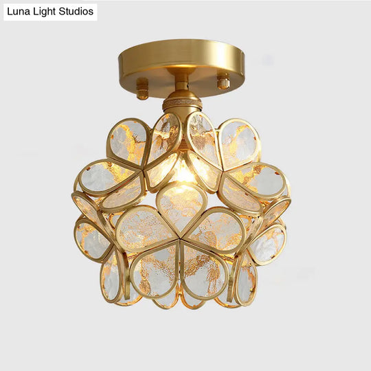 Tiffany Floral Semi-Mount 1-Light Ceiling Flush Light In Brass Perfect For Hallway Décor