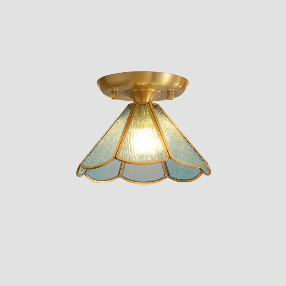 Tiffany Floral Semi Mount 1 - Light Glass Ceiling Flush Light In Brass - Ideal For Hallway Décor