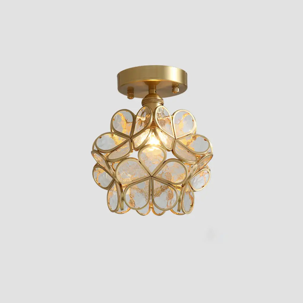 Tiffany Floral Semi Mount 1 - Light Glass Ceiling Flush Light In Brass - Ideal For Hallway Décor
