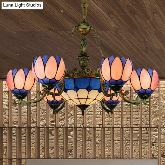 Tiffany Floral Stained Glass Chandelier With 7 Pink Drop Pendants For Living Room Lighting