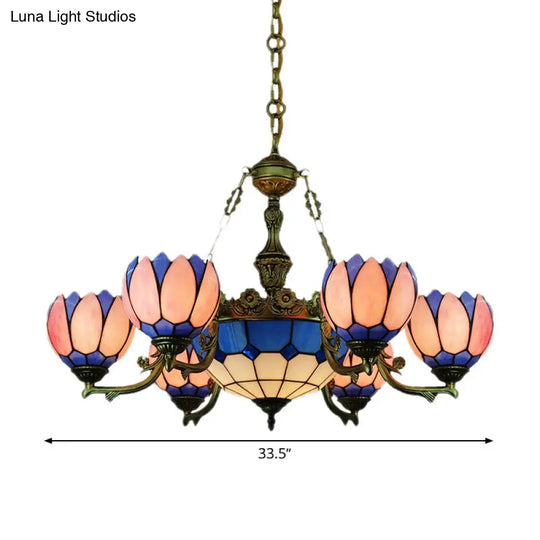 Tiffany Floral Stained Glass Chandelier With 7 Pink Drop Pendants For Living Room Lighting