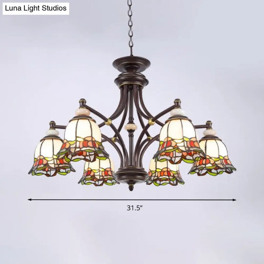 Tiffany Flower Chandelier Lamp - Stained Glass Suspension Lighting In Black (3/6/8 Lights) For