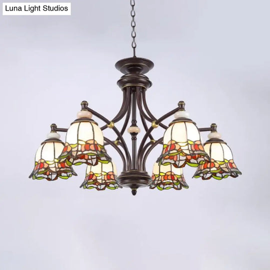 Tiffany Flower Chandelier Lamp - Stained Glass Suspension Lighting In Black (3/6/8 Lights) For