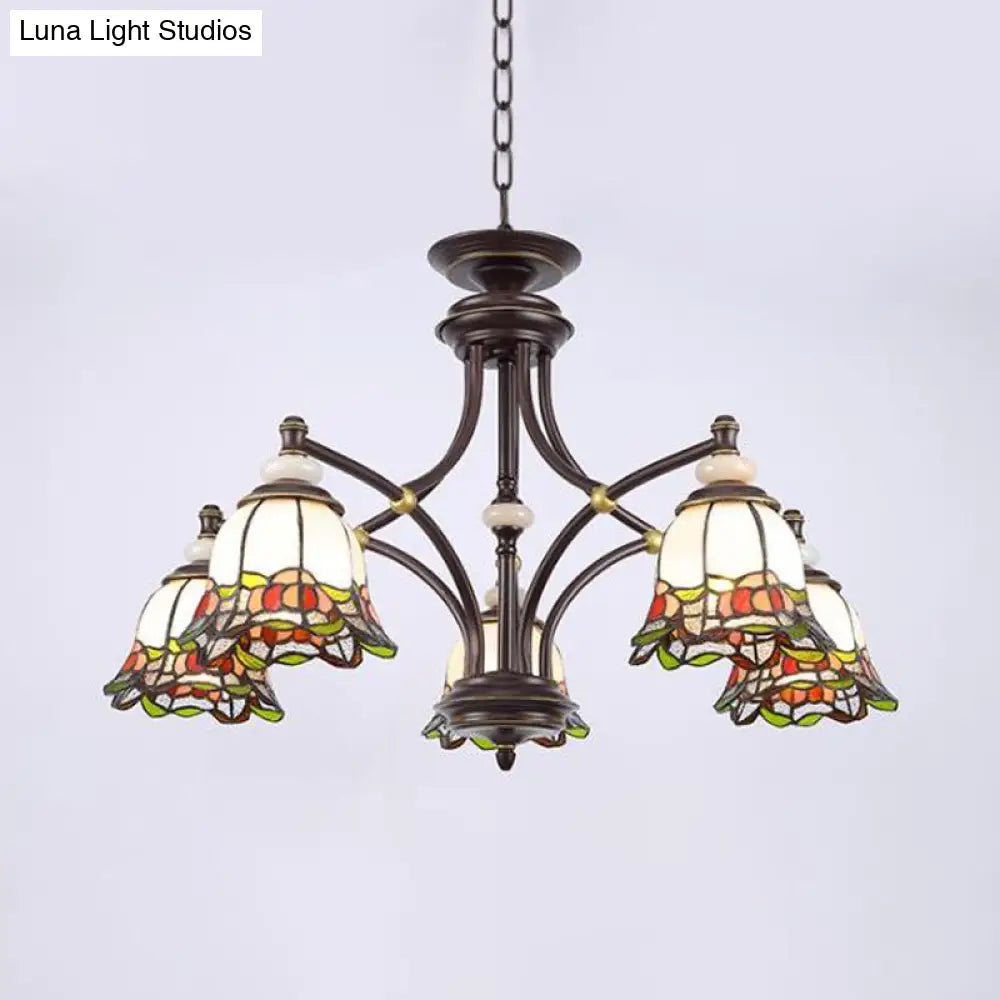 Tiffany Flower Chandelier Lamp - Stained Glass Suspension Lighting In Black (3/6/8 Lights) For