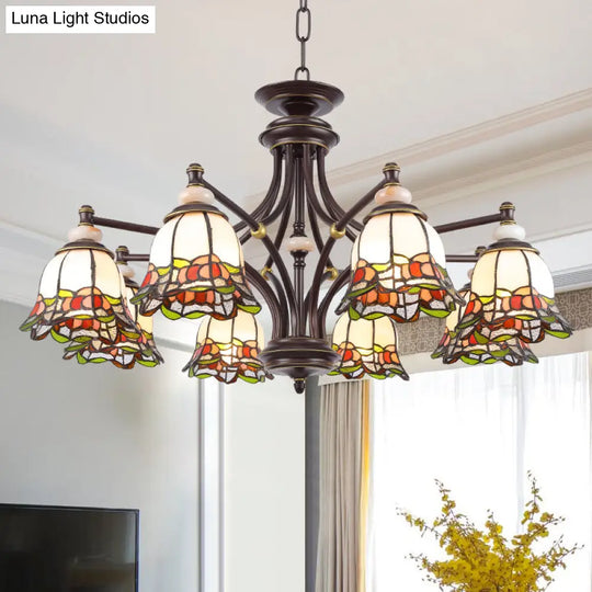 Stained Glass Chandelier Lamp: Tiffany Flower Design 3/6/8 Lights Black Living Room Lighting