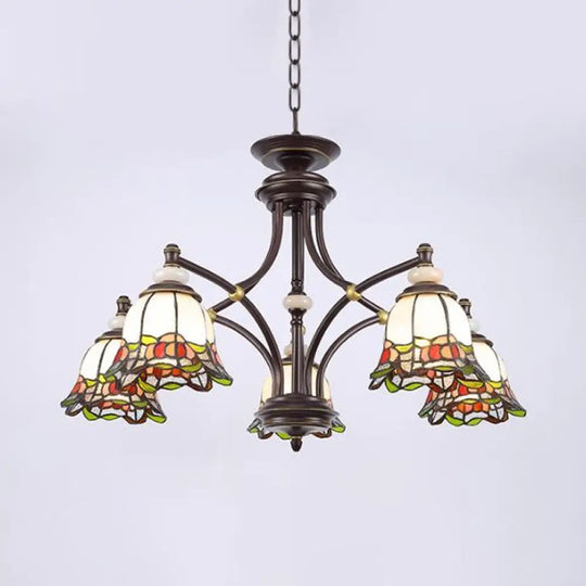 Tiffany Flower Chandelier Lamp - Stained Glass Suspension Lighting In Black (3/6/8 Lights) For