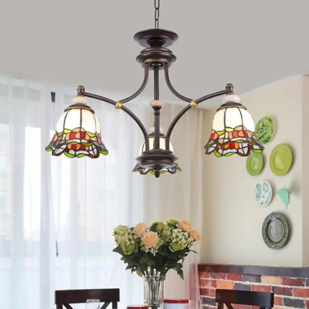 Tiffany Flower Chandelier Lamp - Stained Glass Suspension Lighting In Black (3/6/8 Lights) For