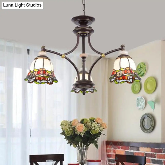 Tiffany Flower Chandelier Lamp - Stained Glass Suspension Lighting In Black (3/6/8 Lights) For