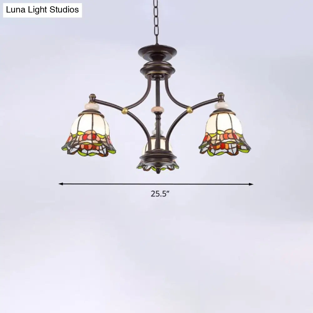 Tiffany Flower Chandelier Lamp - Stained Glass Suspension Lighting In Black (3/6/8 Lights) For