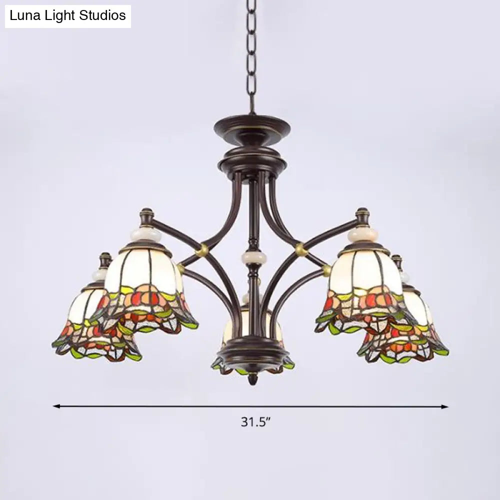 Stained Glass Chandelier Lamp: Tiffany Flower Design 3/6/8 Lights Black Living Room Lighting