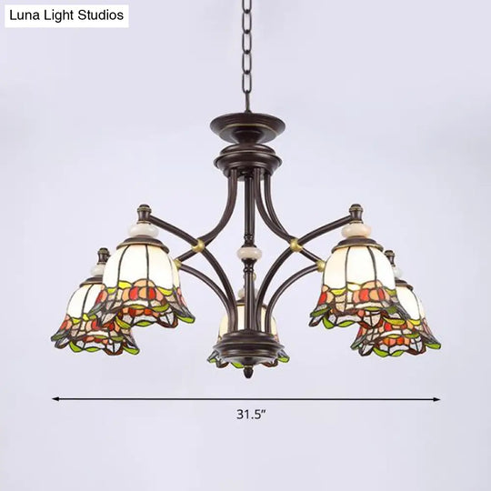 Tiffany Flower Chandelier Lamp - Stained Glass Suspension Lighting In Black (3/6/8 Lights) For