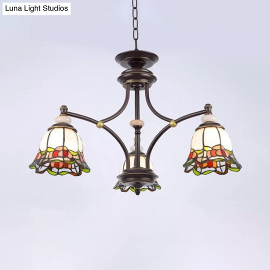 Tiffany Flower Chandelier Lamp - Stained Glass Suspension Lighting In Black (3/6/8 Lights) For