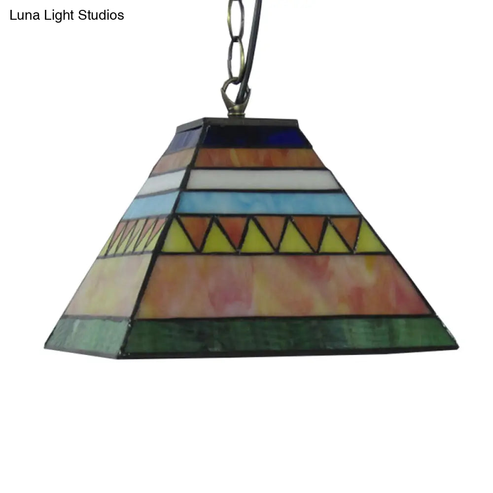 Tiffany Geometric Stained Glass Ceiling Lamp - Single Light Pendant For Bedroom (Pink/Green)