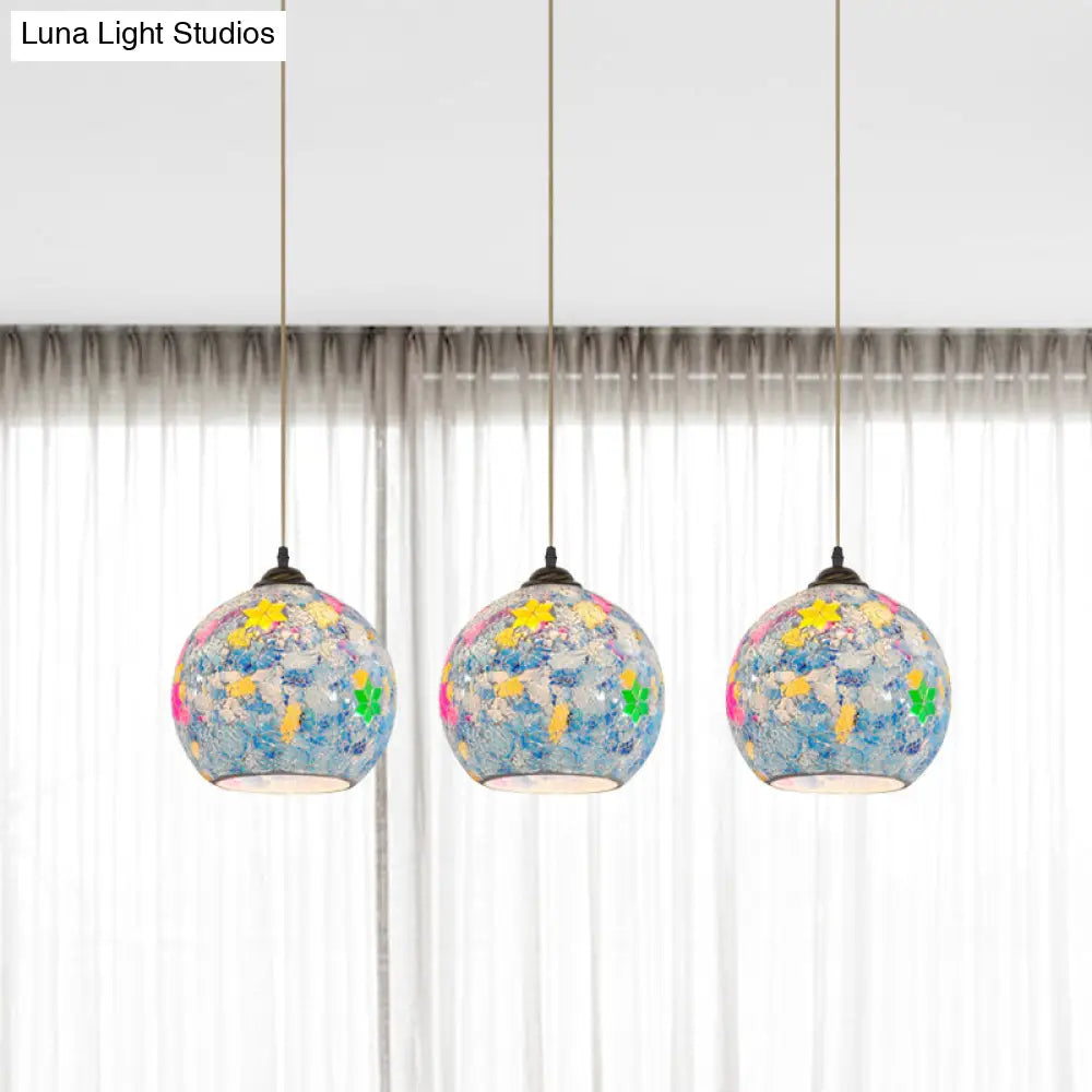 Tiffany Glass 3-Bulb Pendant Lamp With Light Blue Multi Leaf-Pattern Globe - Baroque Ceiling