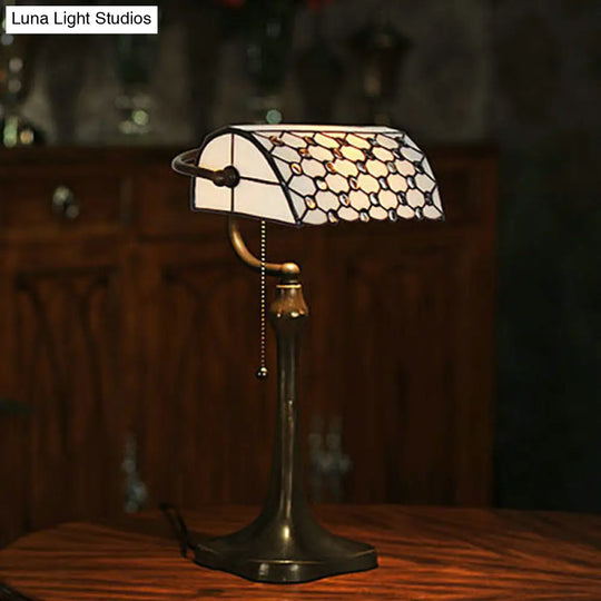 Tiffany Glass Banker Lamp With Pull Chain - Elegant Jeweled White Design For Nightstand Lighting