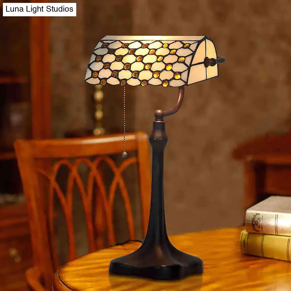 Tiffany Glass Banker Lamp With Pull Chain - Elegant Jeweled White Design For Nightstand Lighting