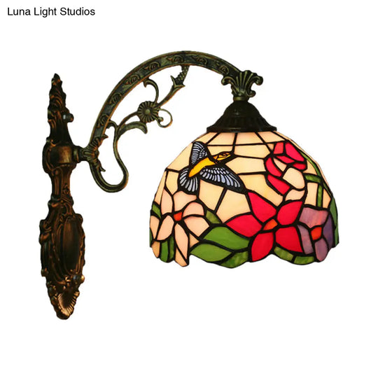 Tiffany Glass Bronze Wall Sconce - Hand-Crafted Magpie And Flowers Design Single Head Light Fixture