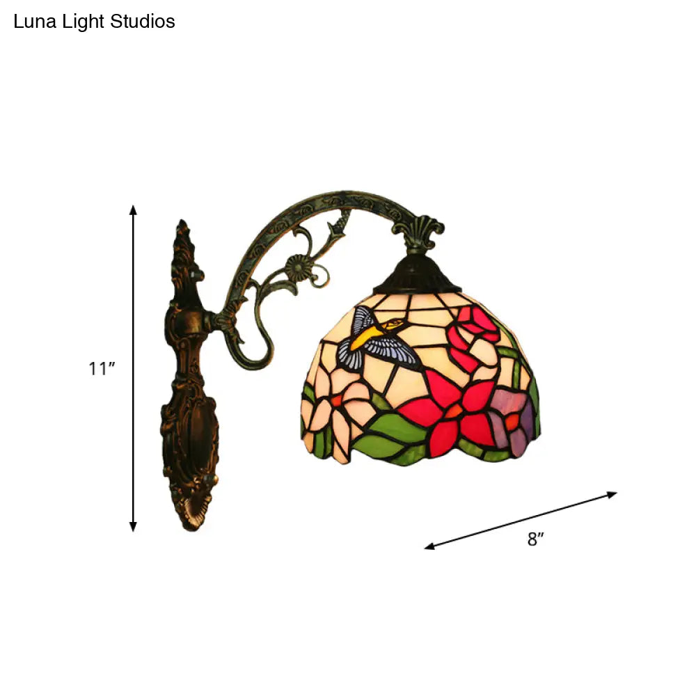 Tiffany Glass Bronze Wall Sconce - Hand-Crafted Magpie And Flowers Design Single Head Light Fixture