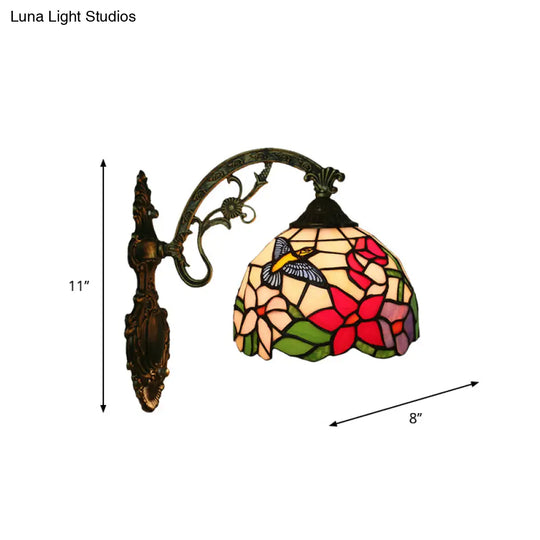 Tiffany Glass Bronze Wall Sconce - Hand-Crafted Magpie And Flowers Design Single Head Light Fixture