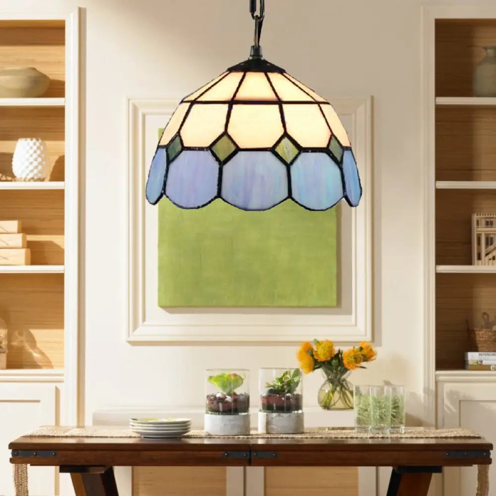 Tiffany Glass Ceiling Pendant Light - Green/Blue Hand Cut 1-Head Suspension Lamp For Restaurants