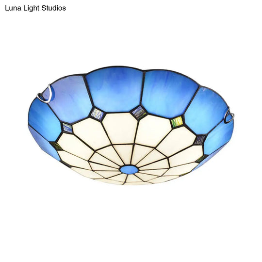 Tiffany Glass Classic Led Flush Ceiling Light Fixture With Grid Pattern