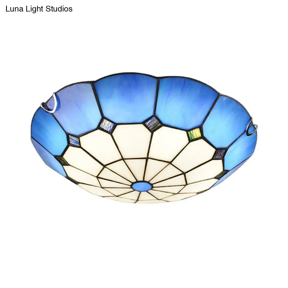 Tiffany Glass Classic Led Flush Ceiling Light Fixture With Grid Pattern