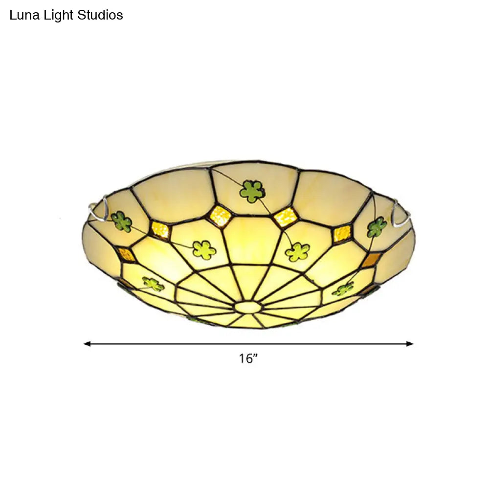 Tiffany Glass Classic Led Flush Ceiling Light Fixture With Grid Pattern Green / 16