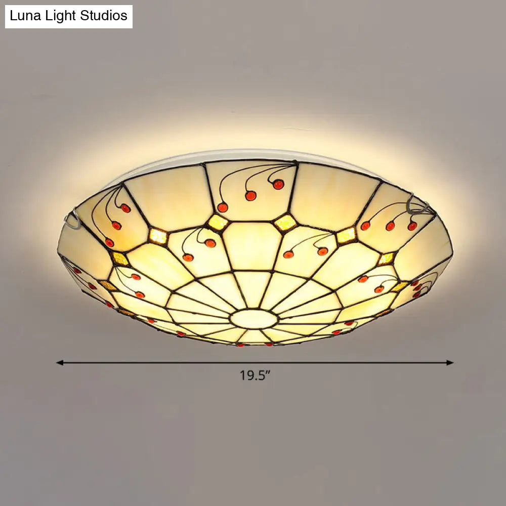 Tiffany Glass Classic Led Flush Ceiling Light Fixture With Grid Pattern Apricot / 19.5