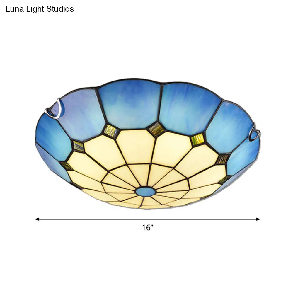 Tiffany Glass Classic Led Flush Ceiling Light Fixture With Grid Pattern Blue / 16