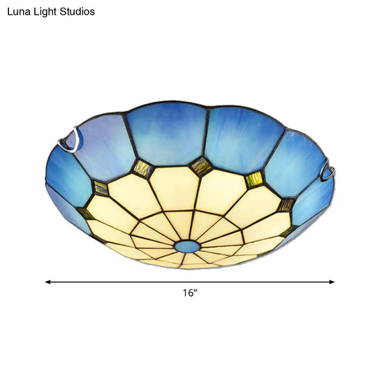 Tiffany Glass Classic Led Flush Ceiling Light Fixture With Grid Pattern Blue / 16