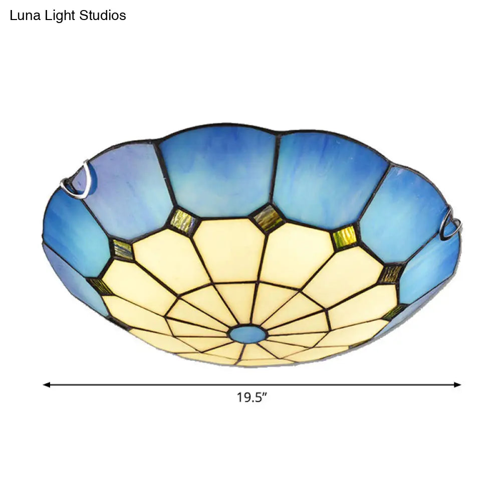 Tiffany Glass Classic Led Flush Ceiling Light Fixture With Grid Pattern Blue / 19.5