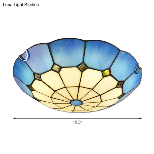 Tiffany Glass Classic Led Flush Ceiling Light Fixture With Grid Pattern Blue / 19.5