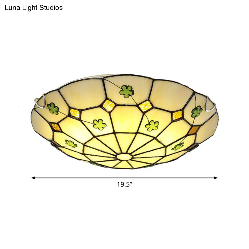 Tiffany Glass Classic Led Flush Ceiling Light Fixture With Grid Pattern Green / 19.5