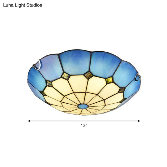 Tiffany Glass Classic Led Flush Ceiling Light Fixture With Grid Pattern Blue / 12