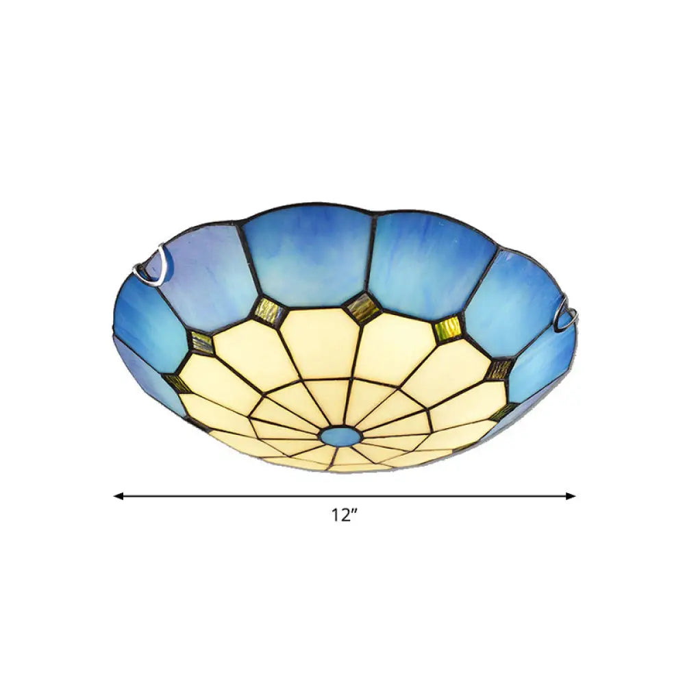 Tiffany Glass Classic Led Flush Ceiling Light Fixture With Grid Pattern Blue / 12’