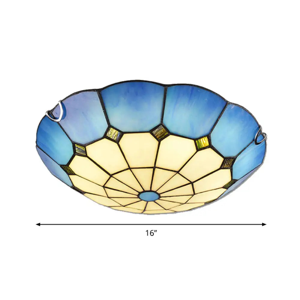 Tiffany Glass Classic Led Flush Ceiling Light Fixture With Grid Pattern Blue / 16’