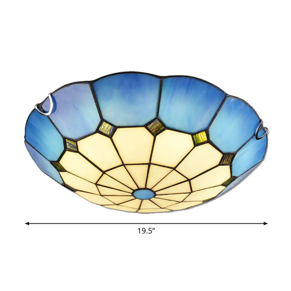 Tiffany Glass Classic Led Flush Ceiling Light Fixture With Grid Pattern Blue / 19.5’