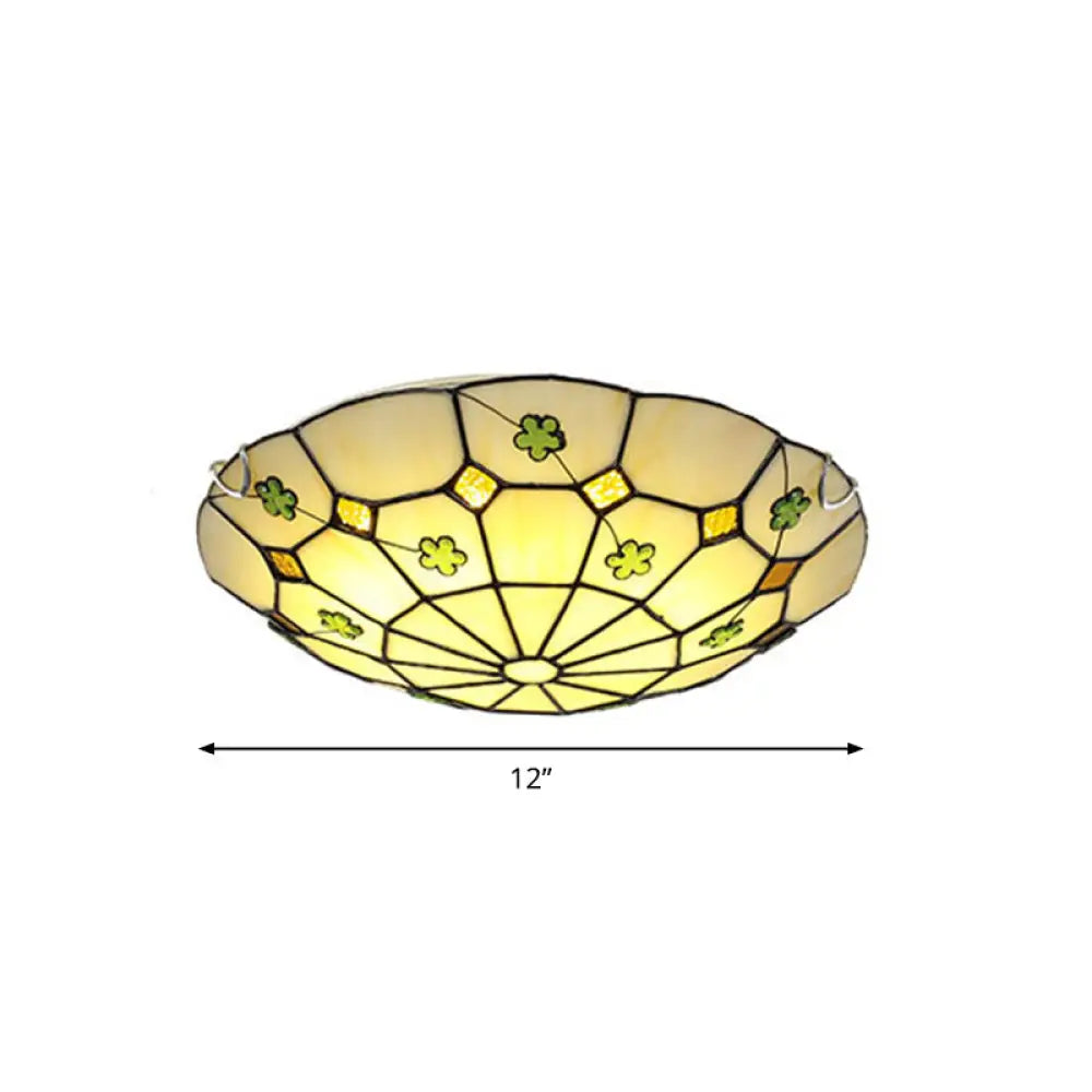 Tiffany Glass Classic Led Flush Ceiling Light Fixture With Grid Pattern Green / 12’