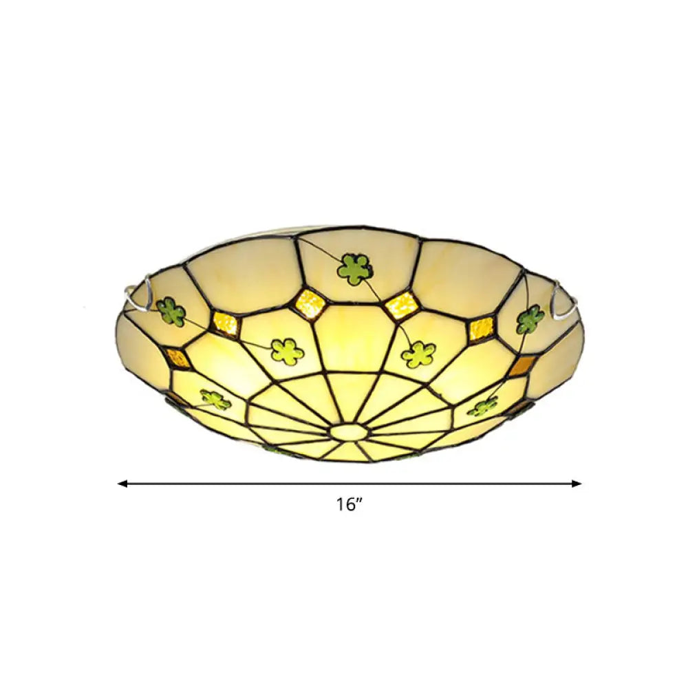 Tiffany Glass Classic Led Flush Ceiling Light Fixture With Grid Pattern Green / 16’