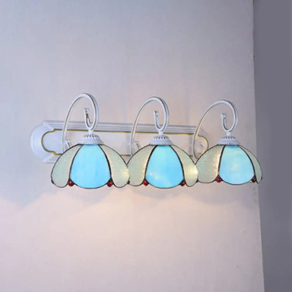 Tiffany Glass Flower Wall Sconce: 3-Headed Light With Scrolling Arm - White/Clear/Blue Blue